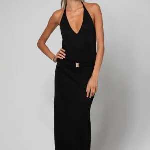 ROBE LONGUE DOS NU AVEC CEINTURE BIJOU OR GALA LUREX BLACK