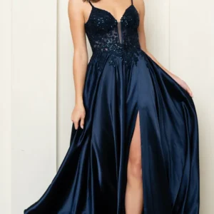 Angelika - robe longue en avec jupe de satin et haut style corset à jeu de transparence, dos lacé