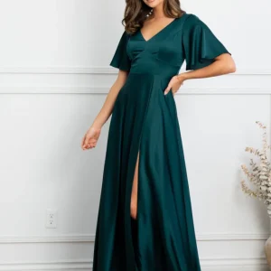 Tina - robe longue à décolleté en V et manches courtes avec ouverture au dos