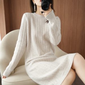 Robe Pull Mi-Longue en Cachemire à Manches Longues